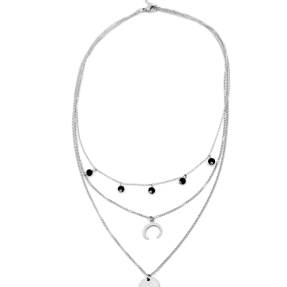Black Austrian crystal layered necklace in stainless steel - Picture 2 of 5